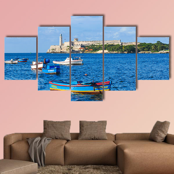 Colorful fishing boats are anchored in Havana Bay, Cuba multi panel canvas wall art