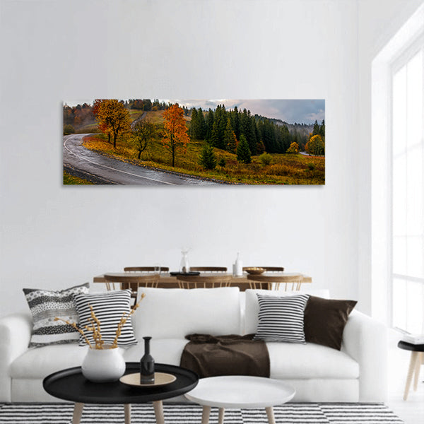 Countryside road through forest in stormy weather Panoramic canvas Wall Art