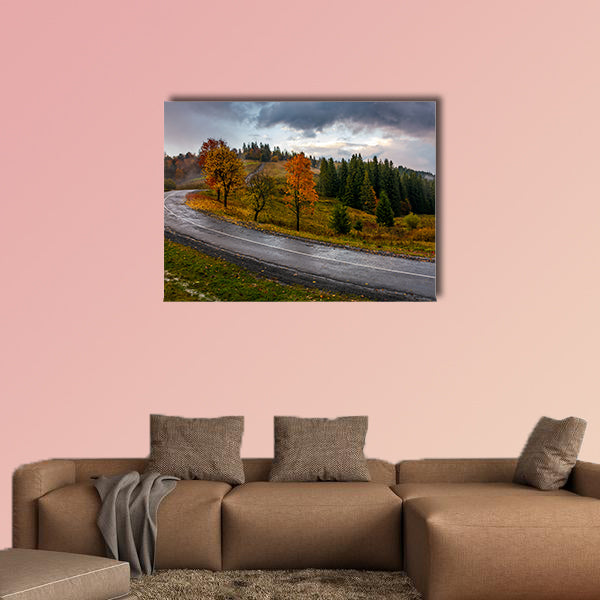 Countryside road through forest in stormy weather multi panel canvas wall art