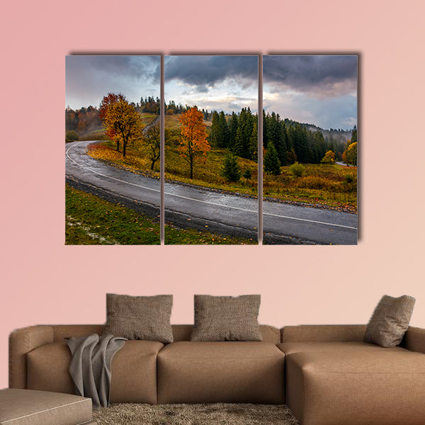 Countryside road through forest in stormy weather multi panel canvas wall art