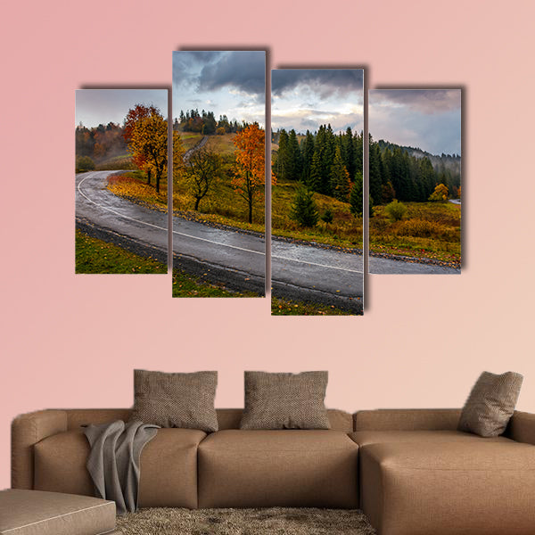 Countryside road through forest in stormy weather multi panel canvas wall art