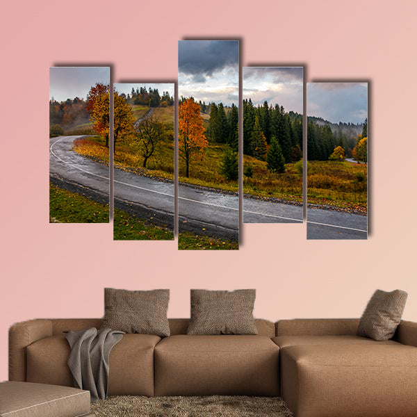 Countryside road through forest in stormy weather multi panel canvas wall art
