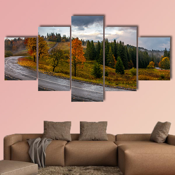 Countryside road through forest in stormy weather multi panel canvas wall art