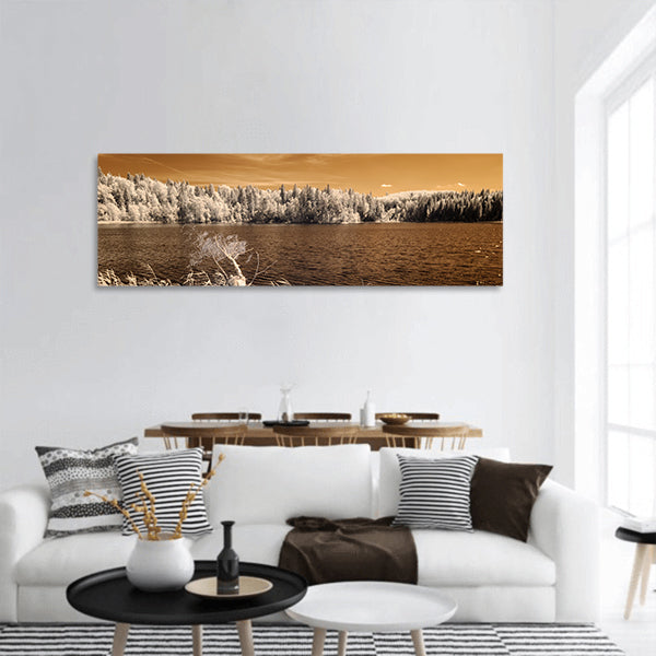Forest by the lake in hot summer day Panoramic canvas Wall Art