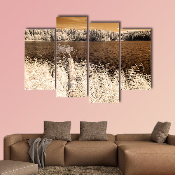 Forest by the lake in hot summer day multi panel canvas wall art