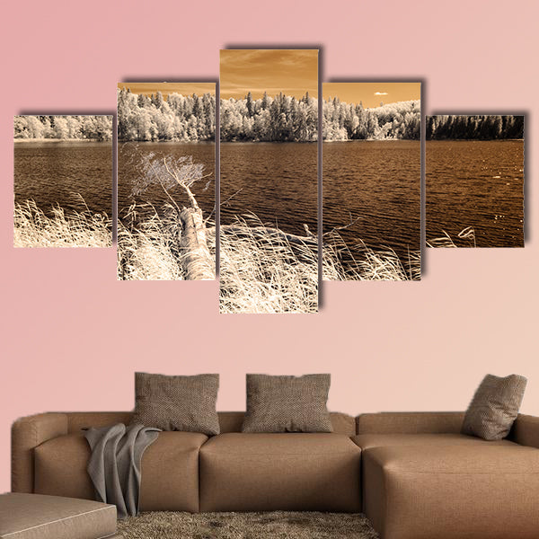 Forest by the lake in hot summer day multi panel canvas wall art
