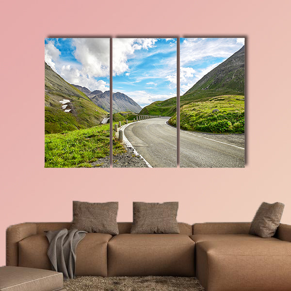 Panoramic view of Swiss Alps and a mountain road, Switzerland multi panel canvas wall art