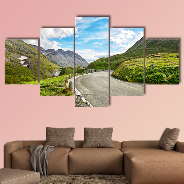 Panoramic view of Swiss Alps and a mountain road, Switzerland multi panel canvas wall art