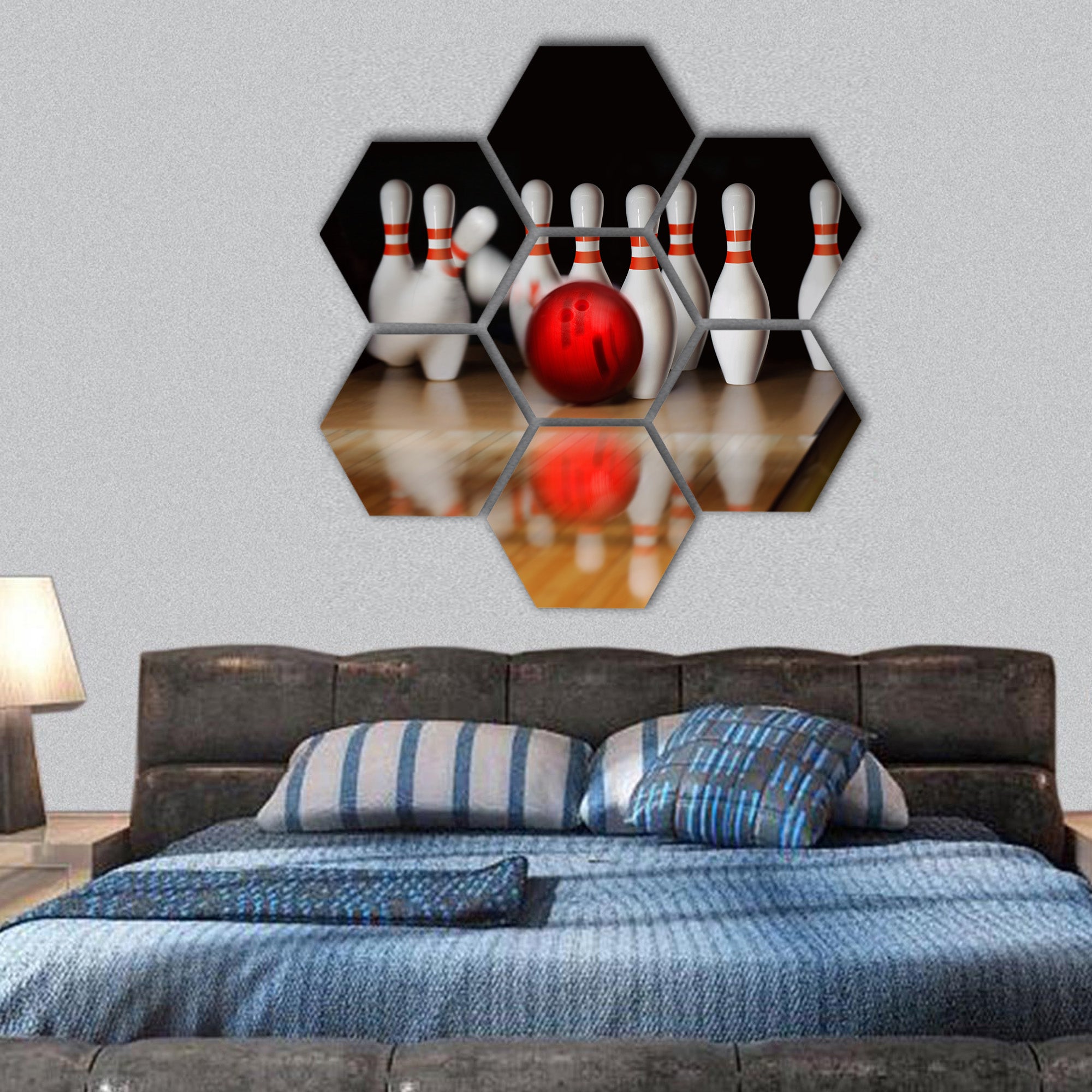 Orange ball does strike on tenpin bowling hexagonal canvas wall art