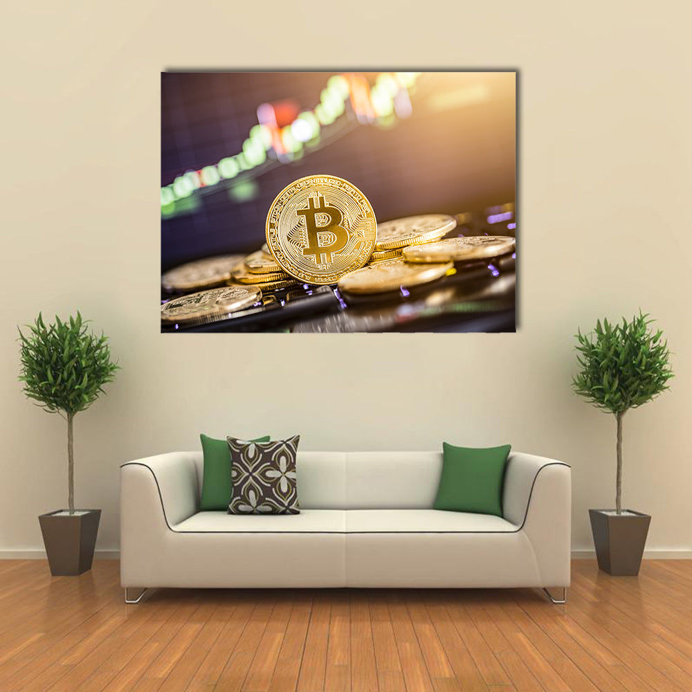 Bitcoin gold coin and defocused chart background Virtual cryptocurrency concept Multi panel canvas wall art