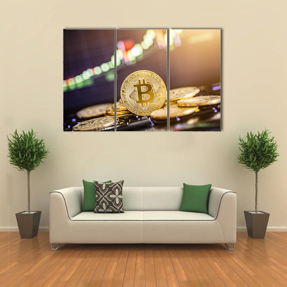 Bitcoin gold coin and defocused chart background Virtual cryptocurrency concept Multi panel canvas wall art