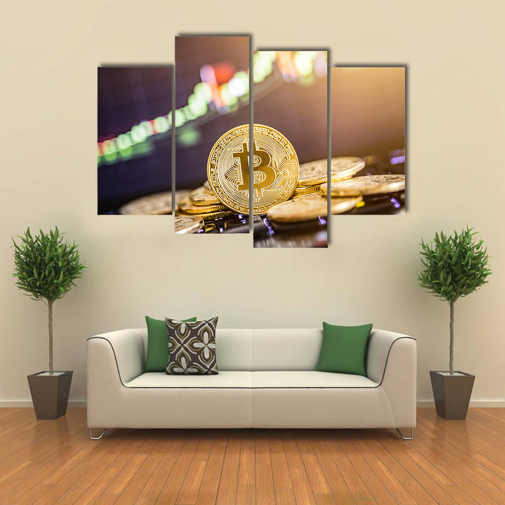 Bitcoin gold coin and defocused chart background Virtual cryptocurrency concept Multi panel canvas wall art