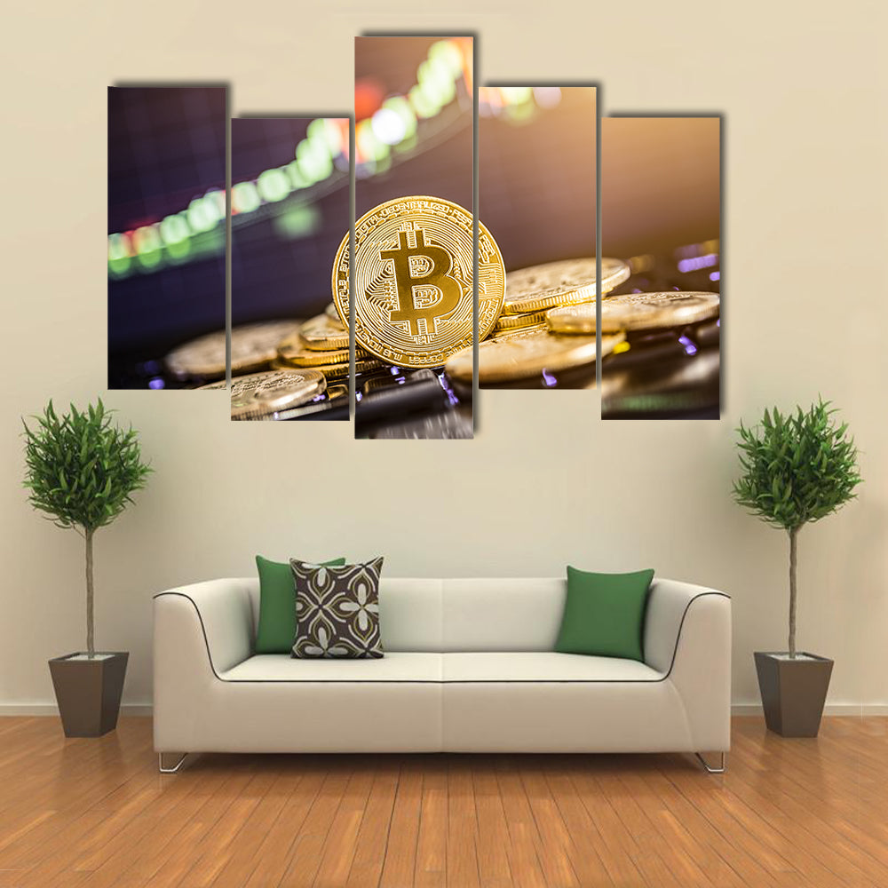 Bitcoin gold coin and defocused chart background Virtual cryptocurrency concept Multi panel canvas wall art
