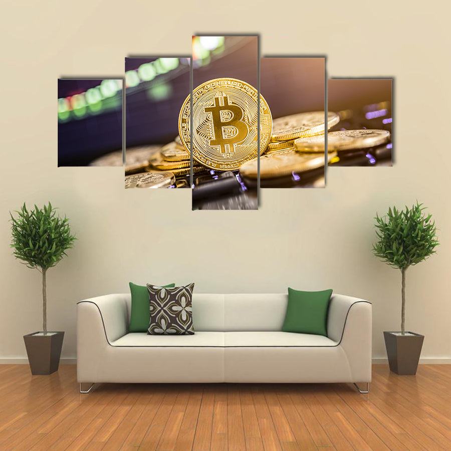 Bitcoin gold coin and defocused chart background Virtual cryptocurrency concept Multi panel canvas wall art