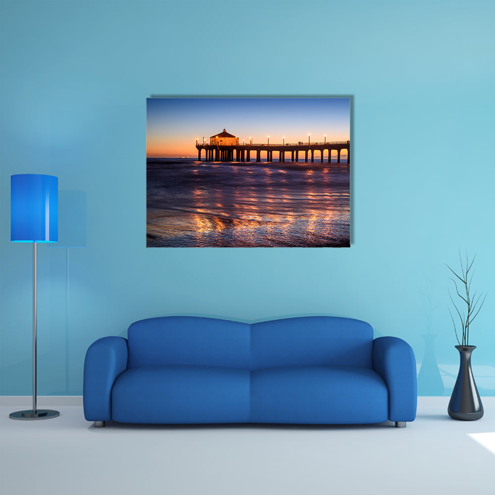 A Beautiful Manhattan Beach Pier At Sunset, Los Angeles, California Multi Panel Canvas Wall Art