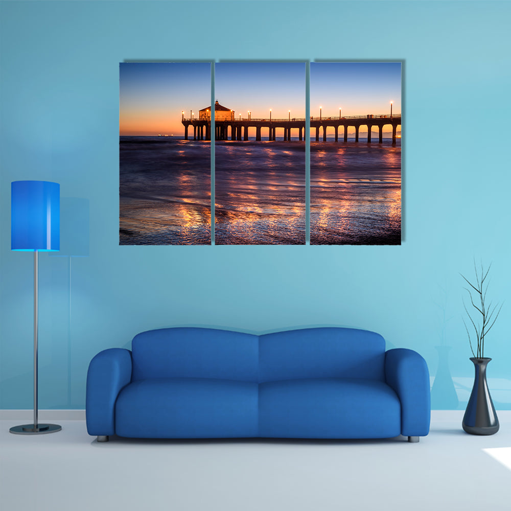 A Beautiful Manhattan Beach Pier At Sunset, Los Angeles, California Multi Panel Canvas Wall Art