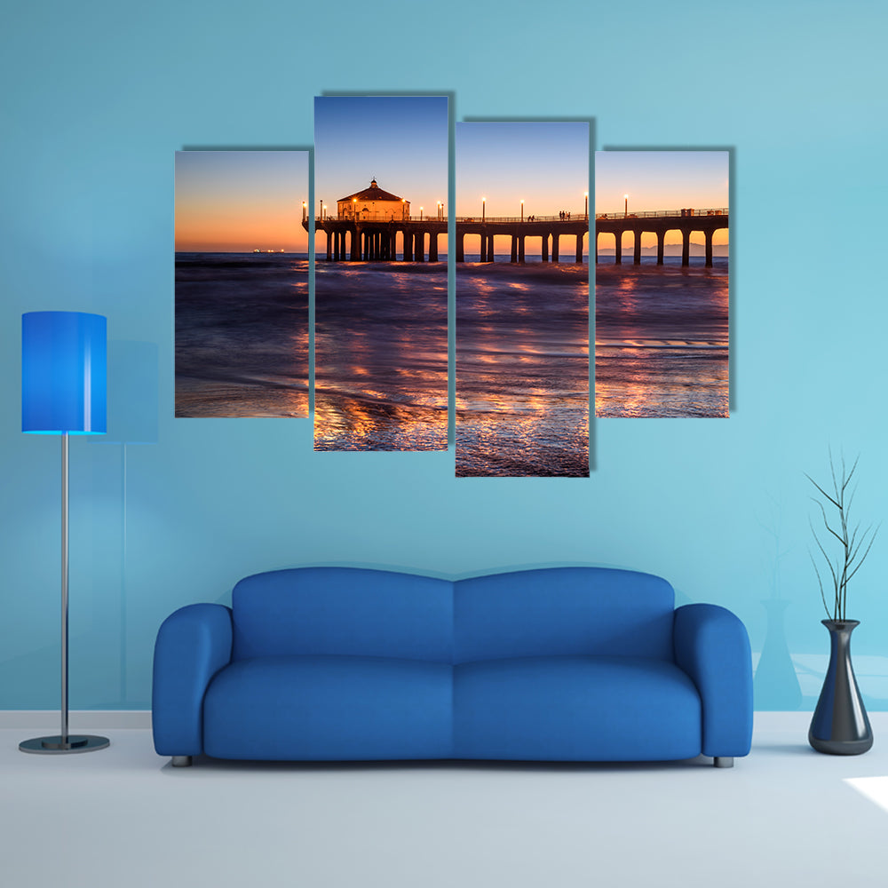 A Beautiful Manhattan Beach Pier At Sunset, Los Angeles, California Multi Panel Canvas Wall Art