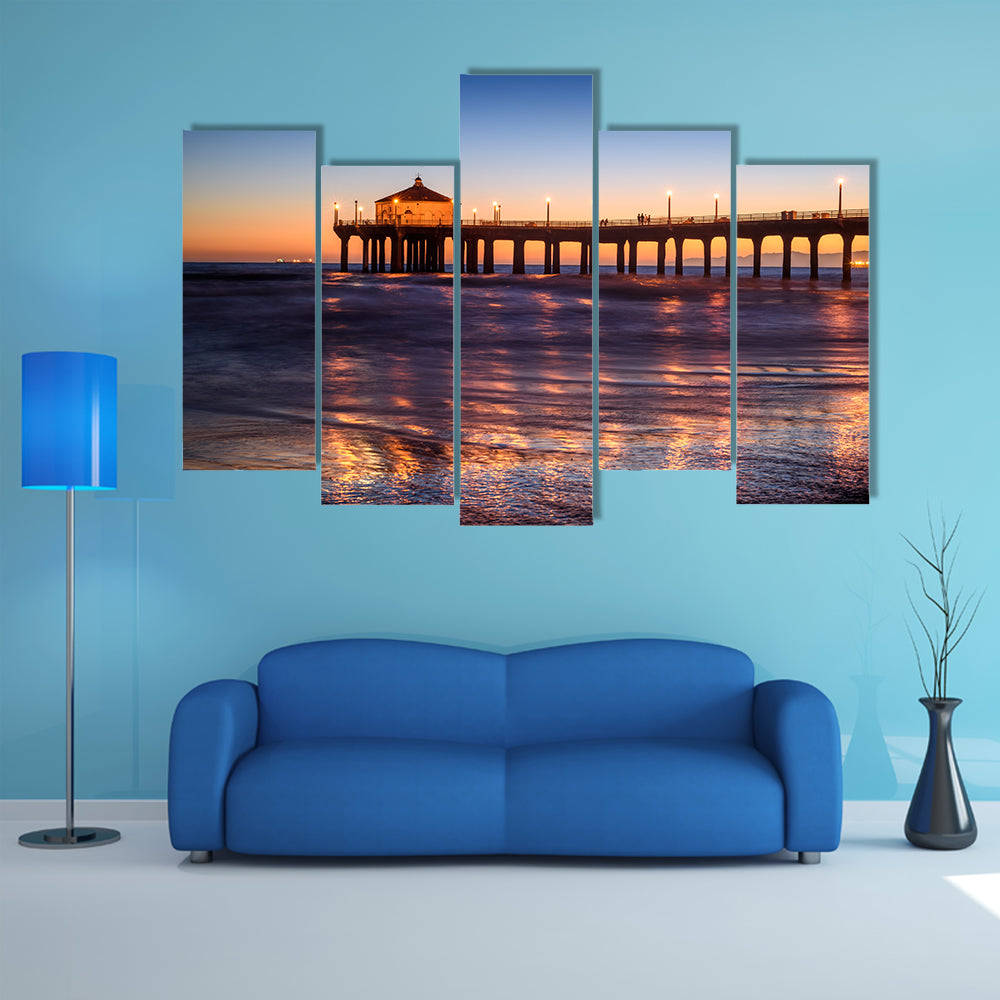 A Beautiful Manhattan Beach Pier At Sunset, Los Angeles, California Multi Panel Canvas Wall Art
