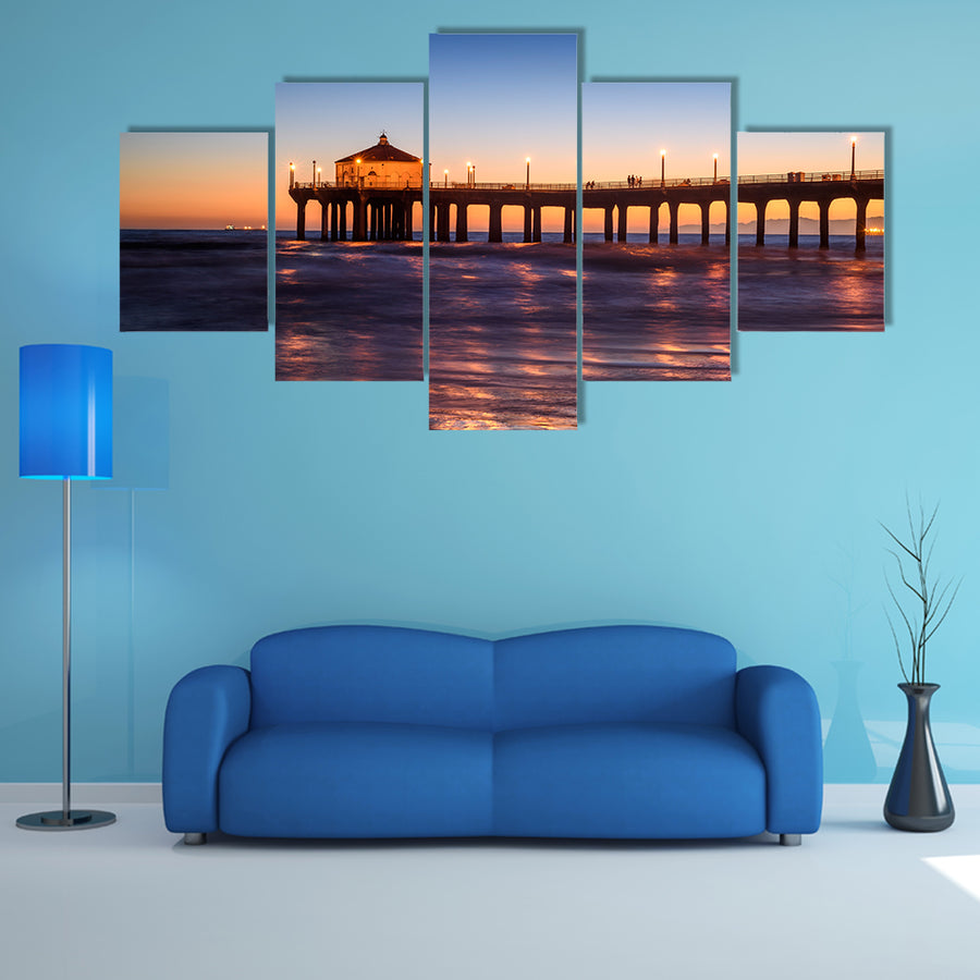 A Beautiful Manhattan Beach Pier At Sunset, Los Angeles, California Multi Panel Canvas Wall Art