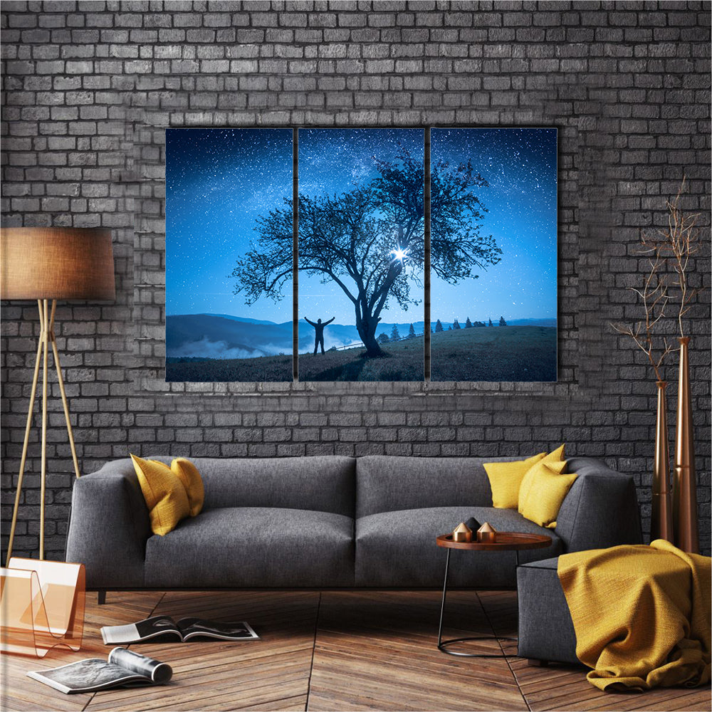 Hiker On The Trek In Mountain Valley At Night Under The Starry Sky Multi Panel Canvas Wall Art