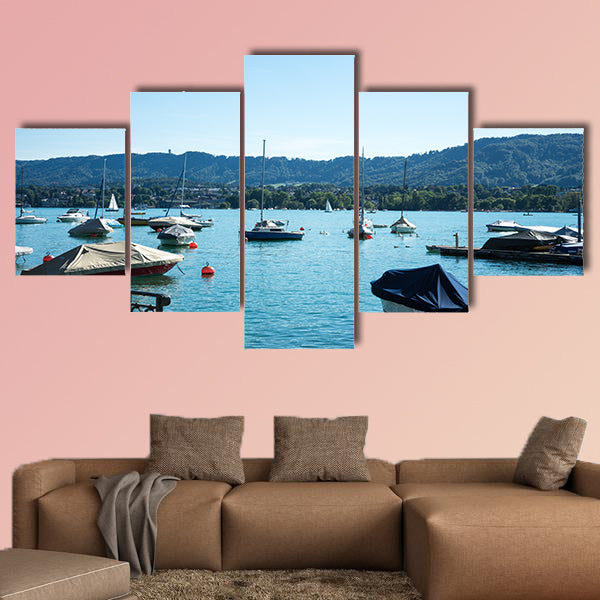Boat on Lake Zurich in summer with uetliberg in the back wall art
