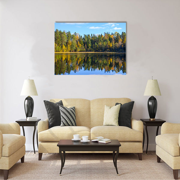 Autumn forest reflection in pond Multi panel canvas wall art