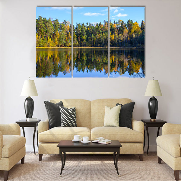 Autumn forest reflection in pond Multi panel canvas wall art