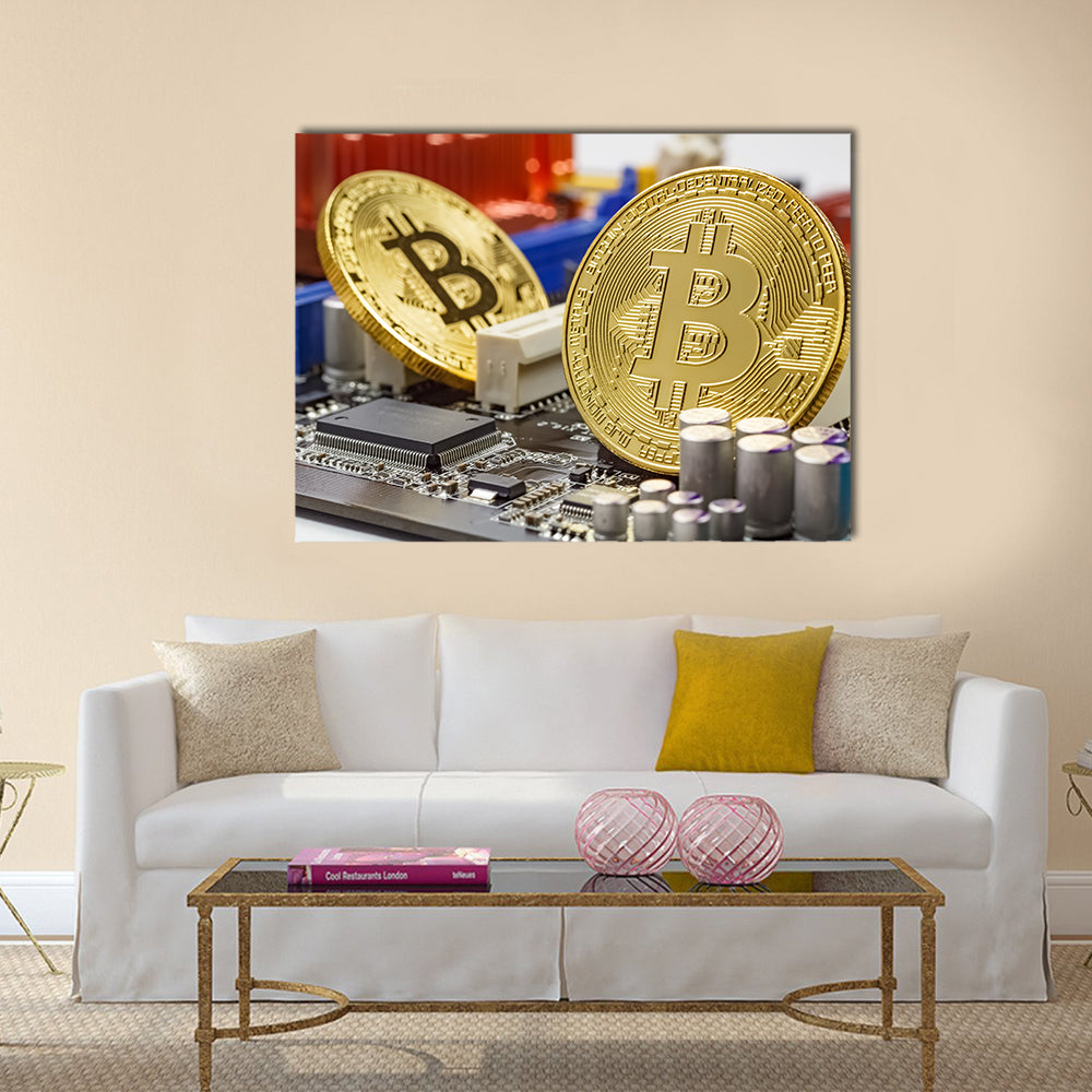 Golden bitcoins on the computer motherboard multi panel canvas wall art