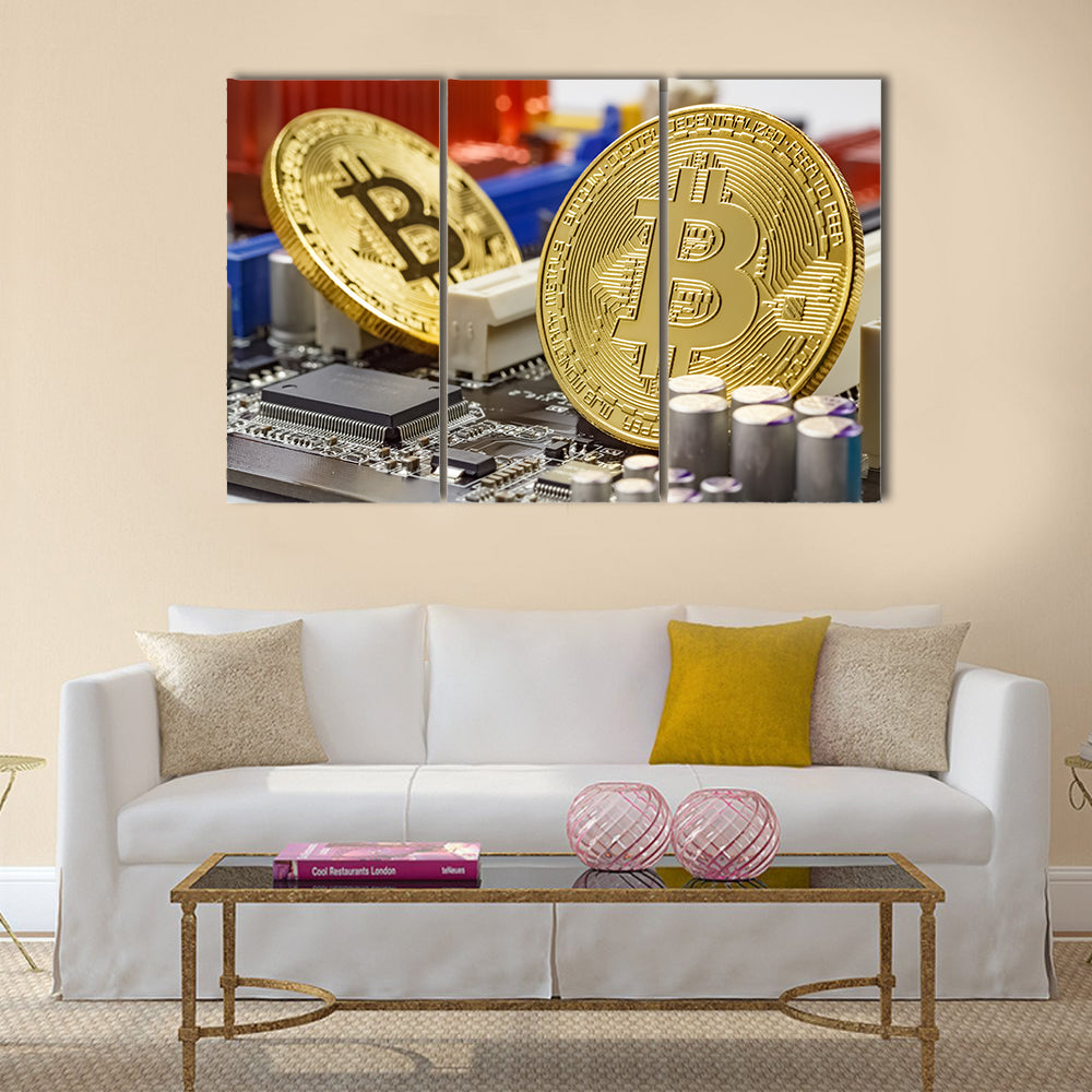 Golden bitcoins on the computer motherboard multi panel canvas wall art