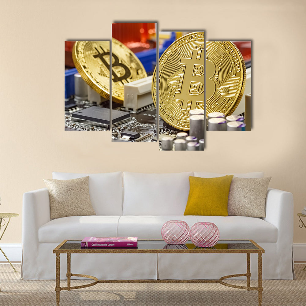 Golden bitcoins on the computer motherboard multi panel canvas wall art