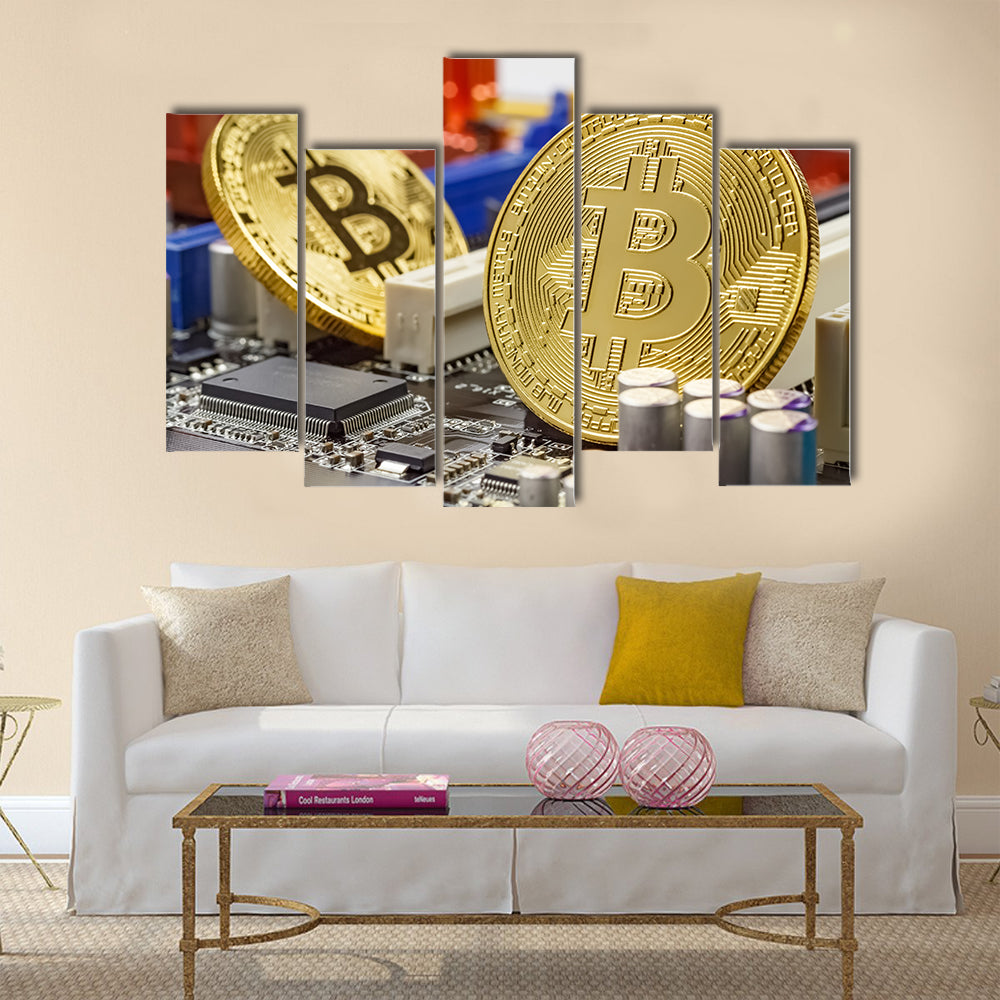 Golden bitcoins on the computer motherboard multi panel canvas wall art
