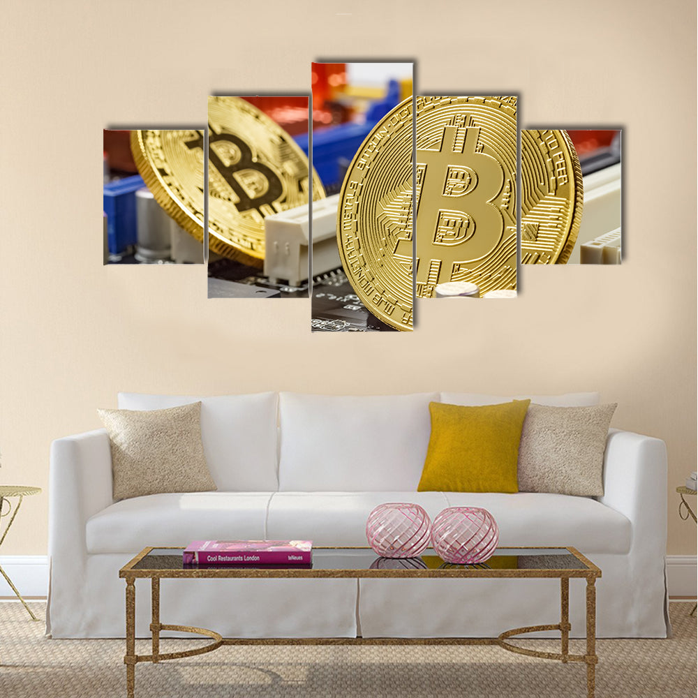 Golden bitcoins on the computer motherboard multi panel canvas wall art
