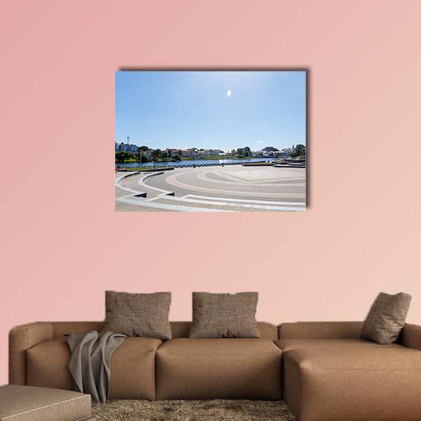 City center with a lake in sunny summer weather multi panel canvas wall art