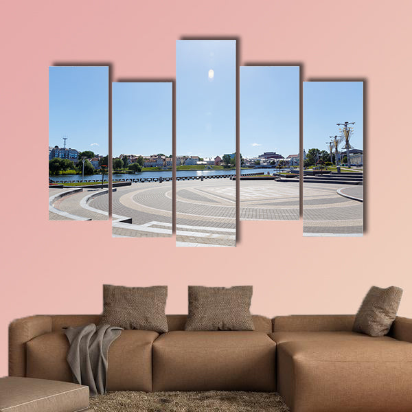 City center with a lake in sunny summer weather multi panel canvas wall art