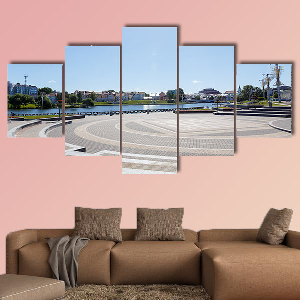 City center with a lake in sunny summer weather multi panel canvas wall art