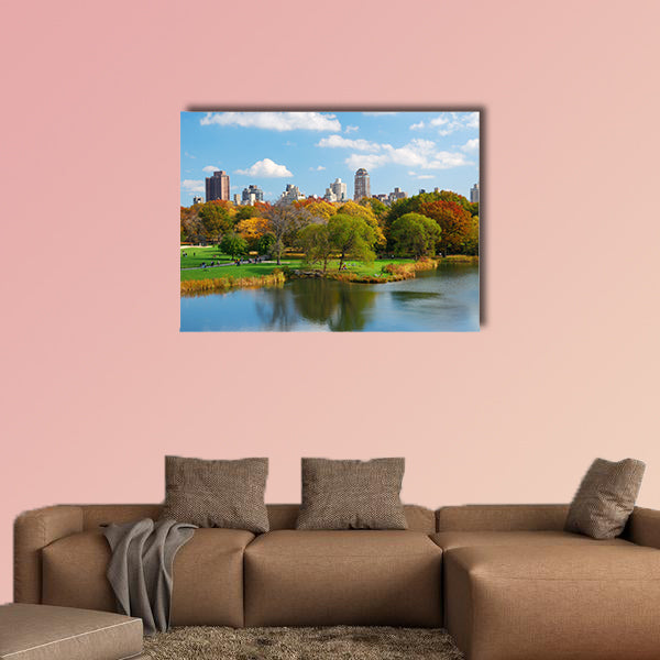 The New York City, Central Park in autumn with Manhattan skyscrapers multi panel canvas wall art
