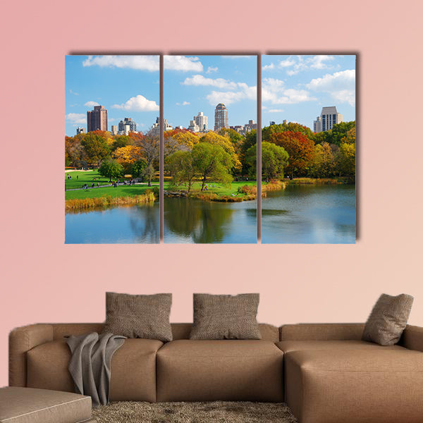 The New York City, Central Park in autumn with Manhattan skyscrapers multi panel canvas wall art
