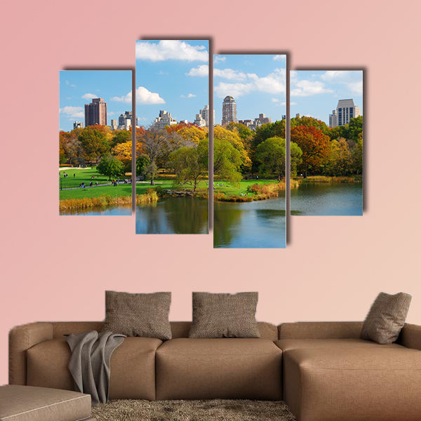 The New York City, Central Park in autumn with Manhattan skyscrapers multi panel canvas wall art