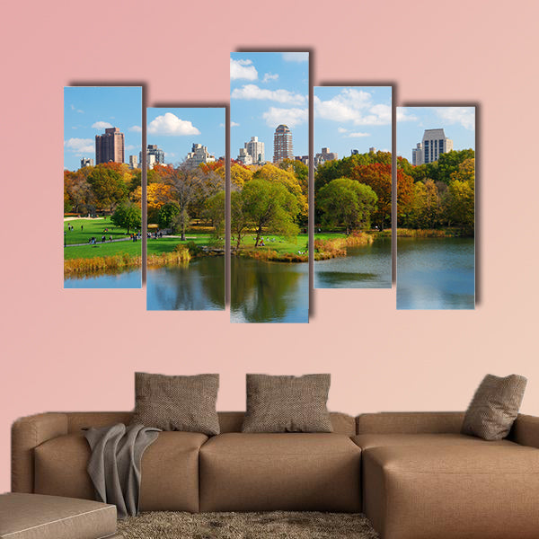 The New York City, Central Park in autumn with Manhattan skyscrapers multi panel canvas wall art