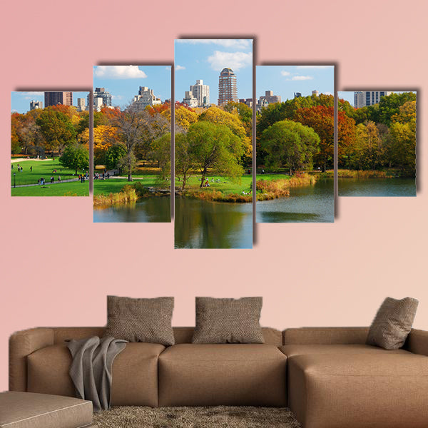 The New York City, Central Park in autumn with Manhattan skyscrapers multi panel canvas wall art