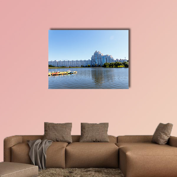 City center with a lake in sunny summer weather Multi panel canvas wall art