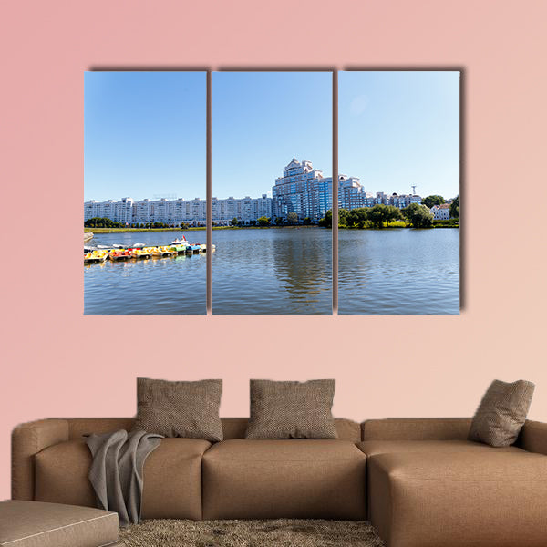 City center with a lake in sunny summer weather Multi panel canvas wall art