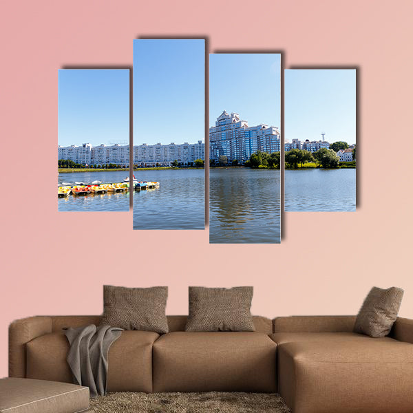 City center with a lake in sunny summer weather Multi panel canvas wall art