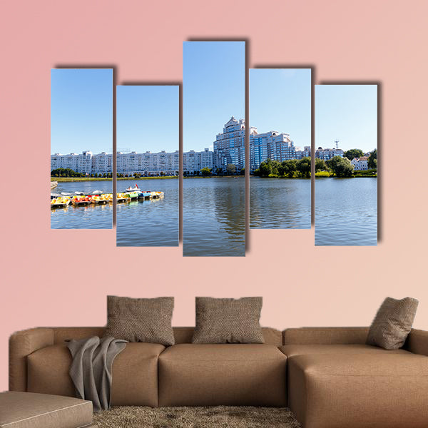 City center with a lake in sunny summer weather Multi panel canvas wall art