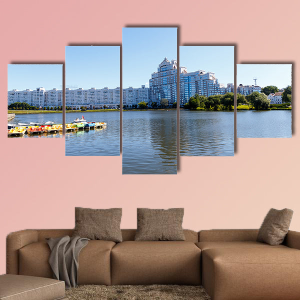 City center with a lake in sunny summer weather Multi panel canvas wall art