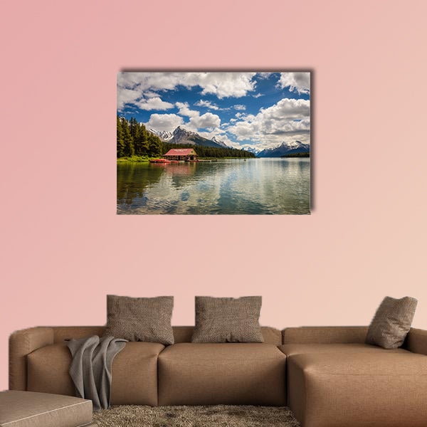 Boat house and the idyllic Maligne Lake in Jasper National Park, Canada, wall art
