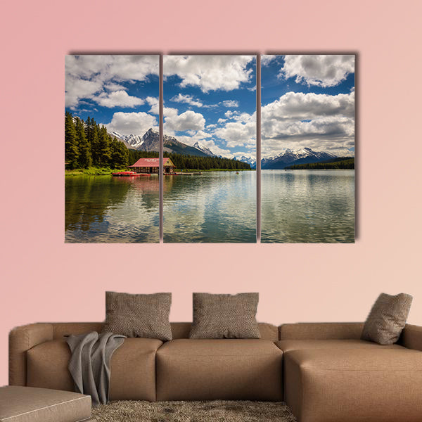 Boat house and the idyllic Maligne Lake in Jasper National Park, Canada, wall art