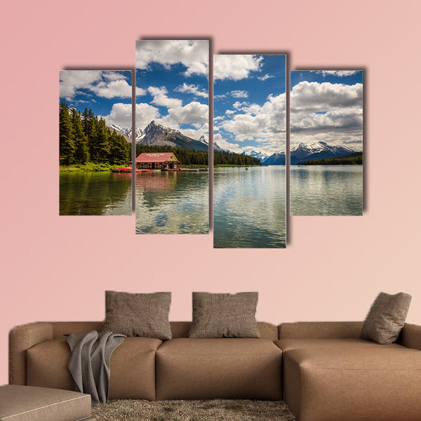 Boat house and the idyllic Maligne Lake in Jasper National Park, Canada, wall art