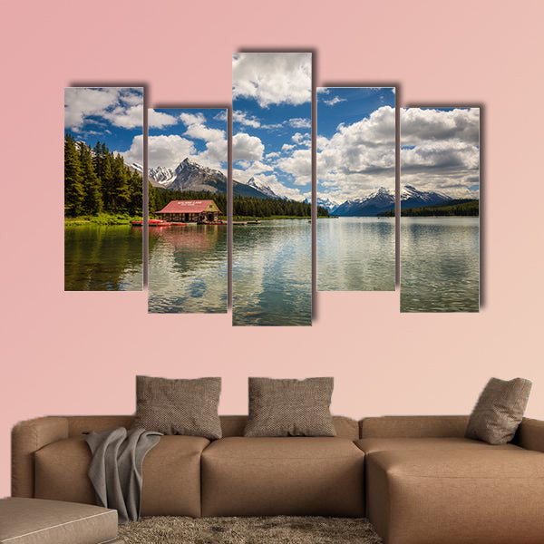 Boat house and the idyllic Maligne Lake in Jasper National Park, Canada, wall art