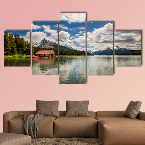 Boat house and the idyllic Maligne Lake in Jasper National Park, Canada, wall art